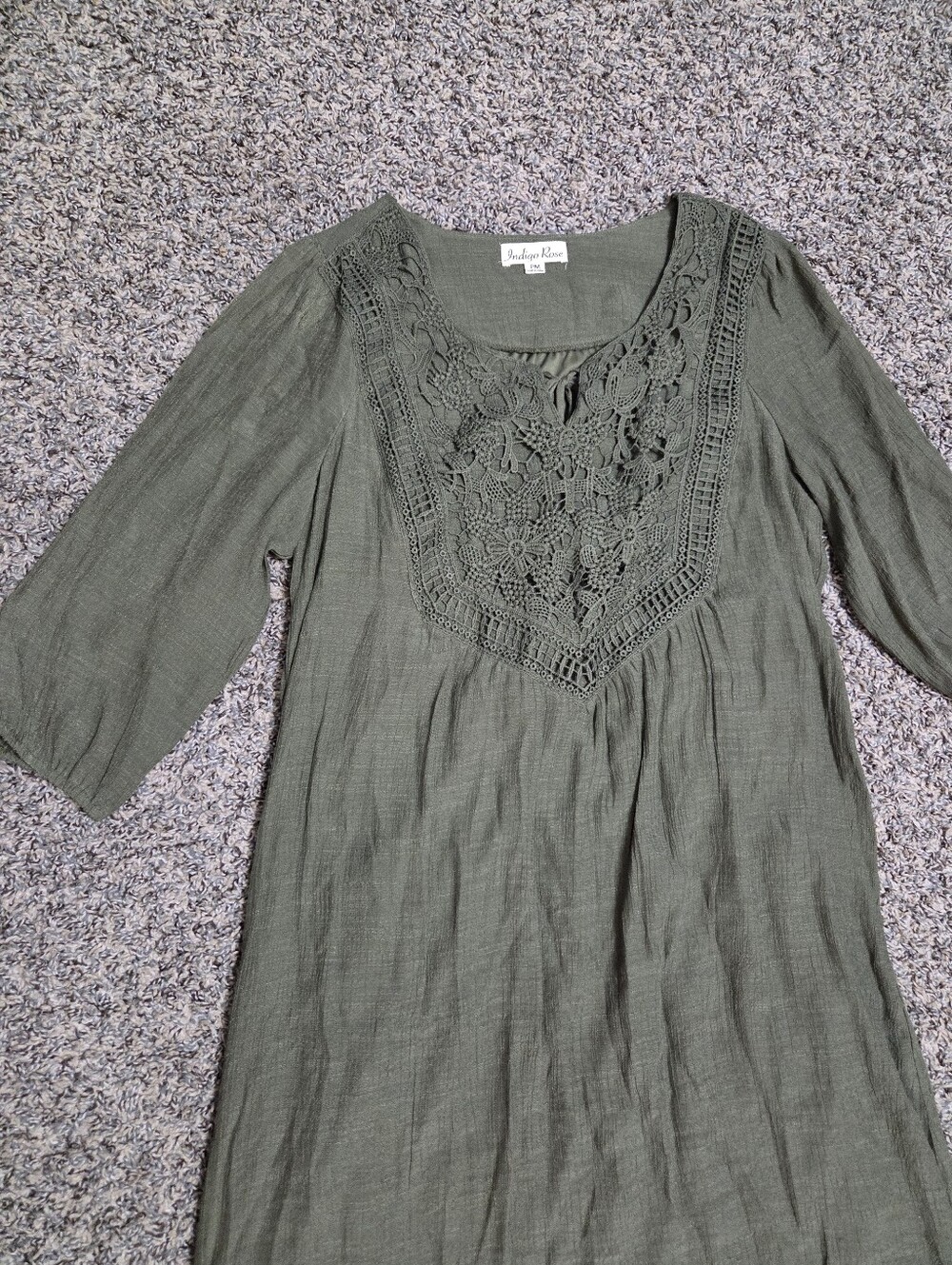 Indigo Rose Olive Crochet Yoke Tunic Top